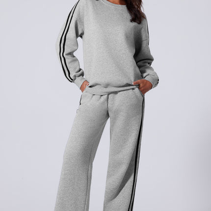 Side Striped Round Neck Top and Pants Active Set