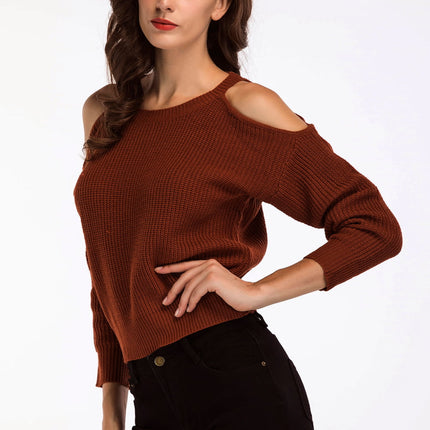 Double Take Round Neck Cold-Shoulder Ribbed Sweater