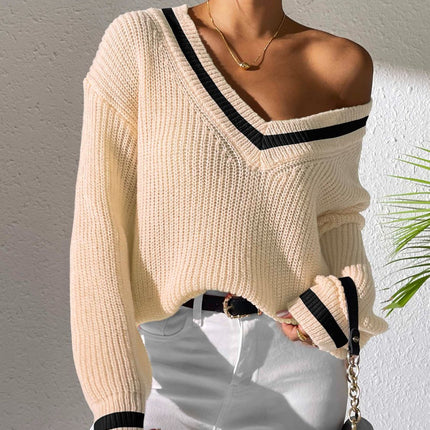 Contrast Trim V-Neck Long Sleeve Sweater