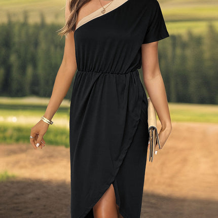 Slit Single Shoulder Short Sleeve Midi Dress