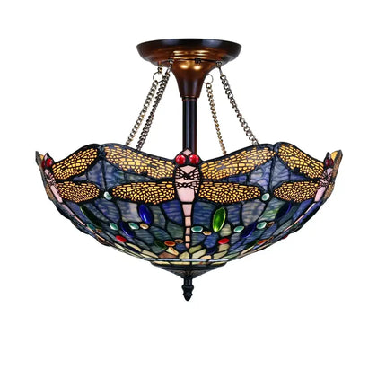 SUNNIVA Dragonfly Tiffany-Style Dark Bronze 2 Light Semi-Flush Ceiling Fixture