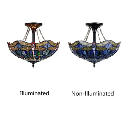 SUNNIVA Dragonfly Tiffany-Style Dark Bronze 2 Light Semi-Flush Ceiling Fixture