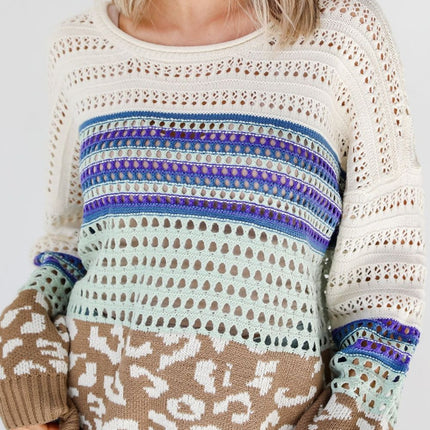 Leopard Striped Round Neck Crochet Knit Top