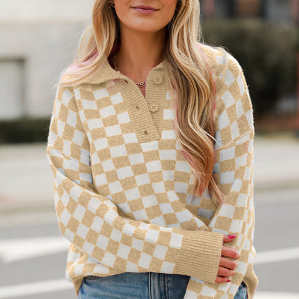 Checkered Collared Neck Long Sleeve Sweater