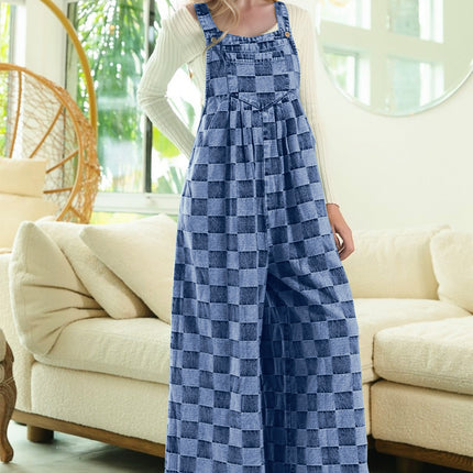 Double Take Checkered Sleeveless Wide Leg Denim Jumpsuit