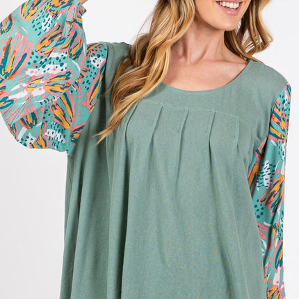 SAGE + FIG Ruched Round Neck Printed Bubble Sleeve Top