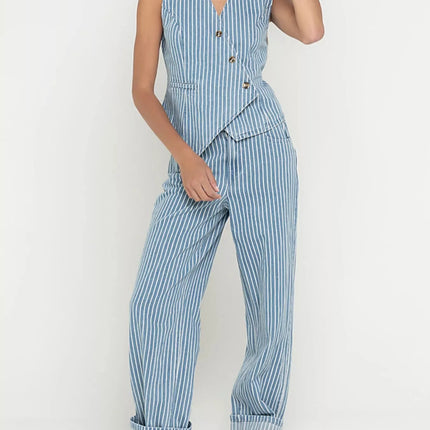 Striped Button Up Sleeveless Top and Jeans Denim Set