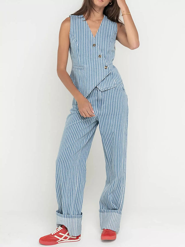Striped Button Up Sleeveless Top and Jeans Denim Set