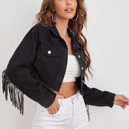 Fringe Detail Collared Neck Cropped Denim Jacket