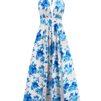 Slit Backless Printed Halter Neck Dress