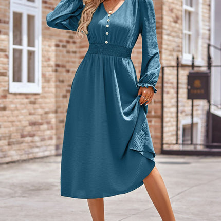 Smocked V-Neck Flounce Sleeve Midi Dress