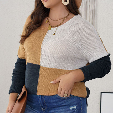 Plus Size Color Block Round Neck Sweater