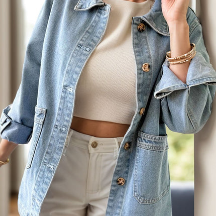 Pocketed Button Up Long Sleeve Denim Jacket