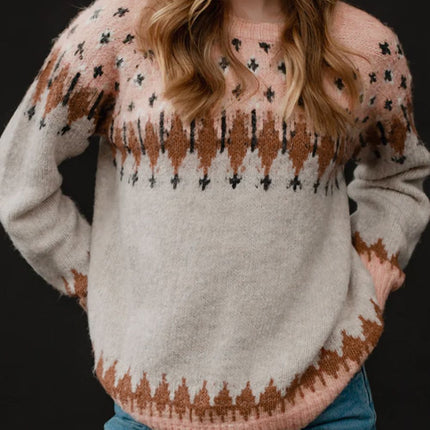 Geometric Contrast Round Neck Long Sleeve Sweater