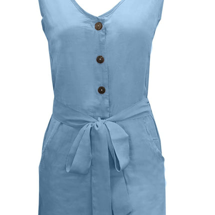 Full Size Tied V-Neck Sleeveless Romper with Pockets