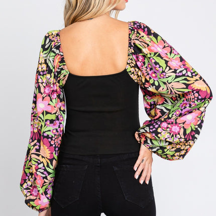 ODDI Full Size Floral Balloon Sleeve Blouse
