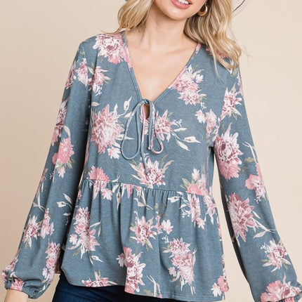 Super Lady Full Size Babydoll Floral Long Sleeve Blouse