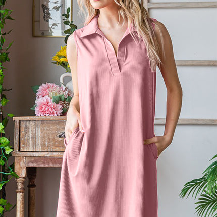 Heimish Full Size Ribbed Johnny Collar Sleeveless Dress