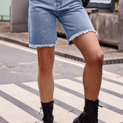 Raw Hem Denim Shorts with Pockets