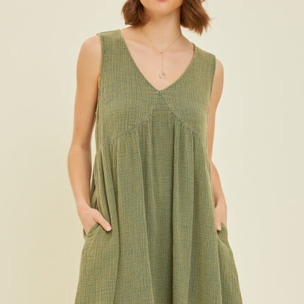 HEYSON Full Size Texture V-Neck Sleeveless Flare Mini Dress