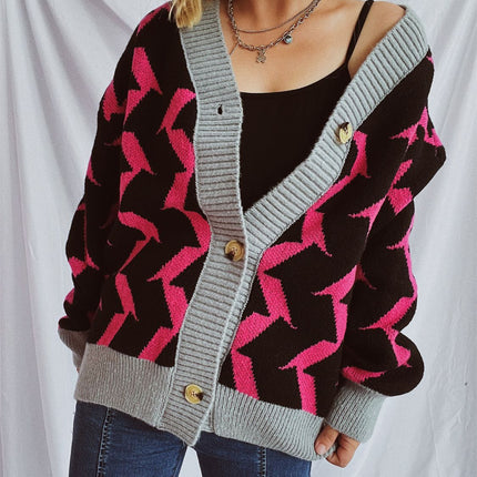 Contrast Trim Geometric V-Neck Long Sleeve Cardigan