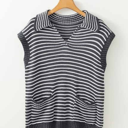 Pocketed Striped Johnny Collar Sweater Vest