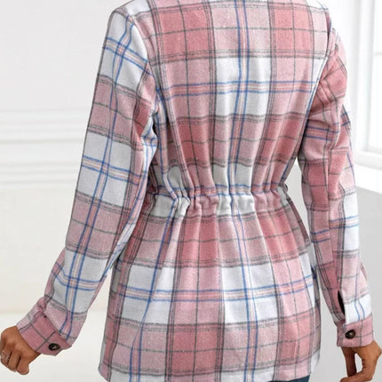 Drawstring Plaid Button Up Jacket with Chest Pockets