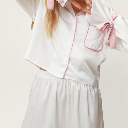 Basic Bae Tied Cuff Collared Neck Top and Frill Shorts Lounge Set