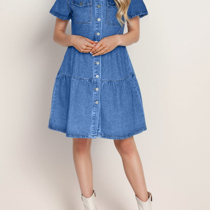 Button Up Short Sleeve Denim Dress