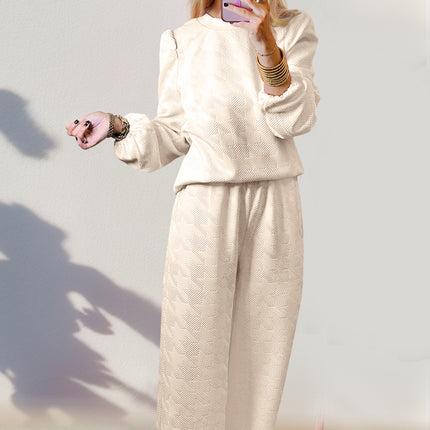Double Take Texture Long Sleeve Top and Wide Leg Pants Set - Vickie Lynn's