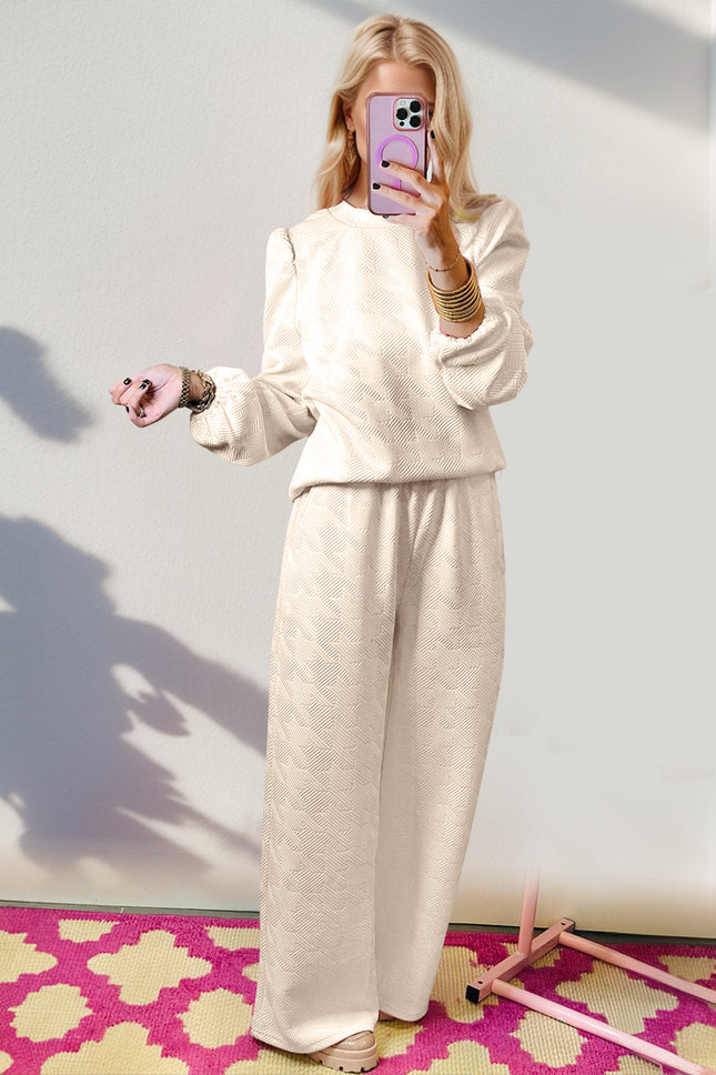 Double Take Texture Long Sleeve Top and Wide Leg Pants Set - Vickie Lynn's