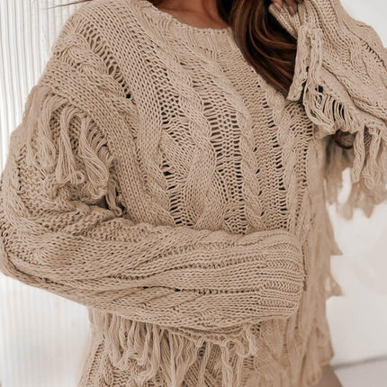 Cable Knit Fringe Round Neck Long Sleeve Sweater