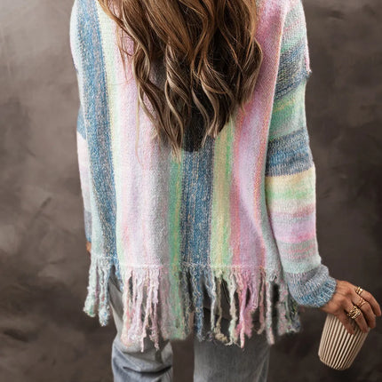 Fringe Color Block Round Neck Sweater