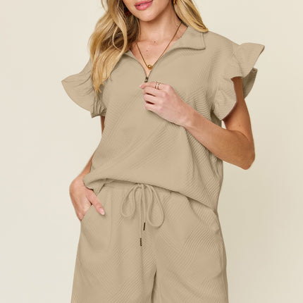 Double Take Full Size Texture Flounce Sleeve Top and Drawstring Shorts Set - Vickie Lynn's