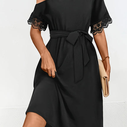 Lace Detail Asymmetrical Neck Short Sleeve Dress