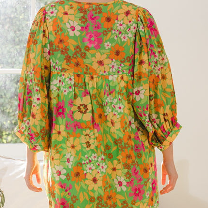 ODDI Full Size Floral Tied Neck Mini Dress