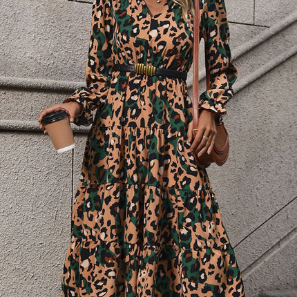 Leopard Notched Flounce Sleeve Midi Dress