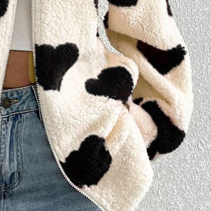 Heart Zip Up Drop Shoulder Furry Jacket