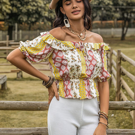 Ruffled Printed Off-Shoulder Short Sleeve Blouse