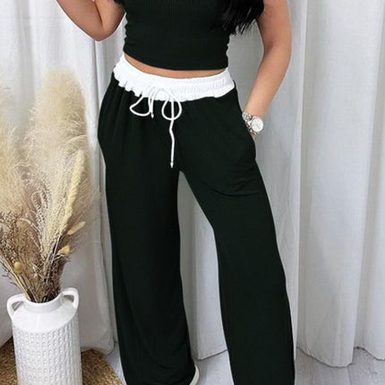 Contrast Trim Round Neck Top and Pants Set