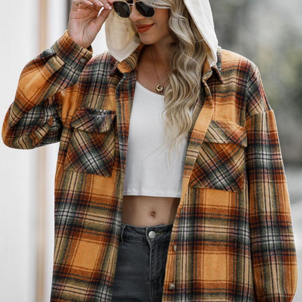 Drawstring Plaid Long Sleeve Hooded Shacket