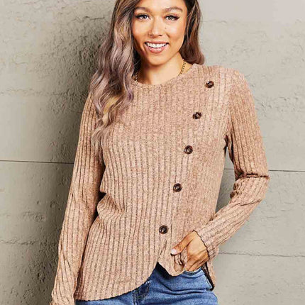 Double Take Ribbed Round Neck Buttoned Long Sleeve Tee