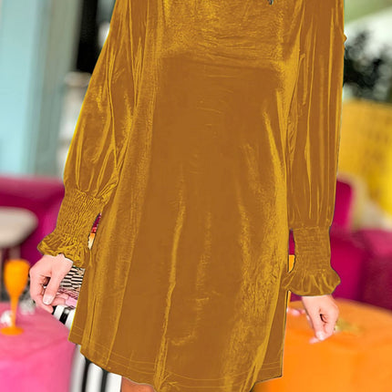 Full Size Mock Neck Smocked Long Sleeve Mini Dress