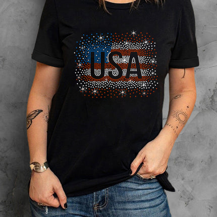 USA Rhinestone Round Neck Short Sleeve T-Shirt