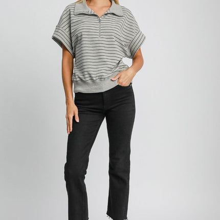 Umgee Striped Half Zip Short Sleeve Sweatshirt