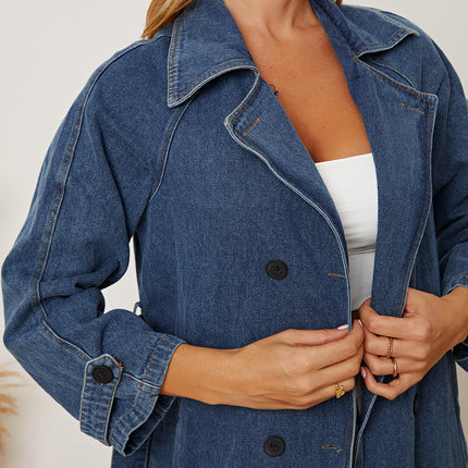 Double-Breasted Belted Longline Denim Jacket