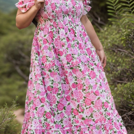 Plus Size Smocked Printed Square Neck Short Sleeve Dress