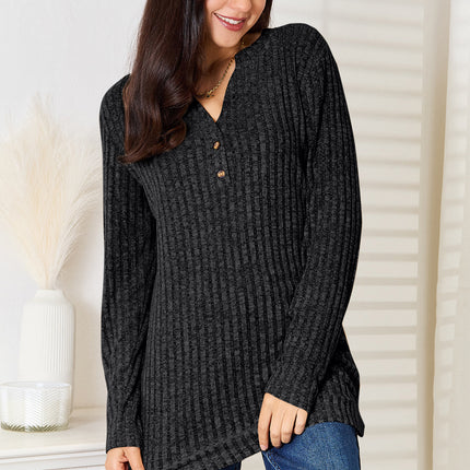 Double Take Notched Neck Ribbed Long Sleeve T-Shirt