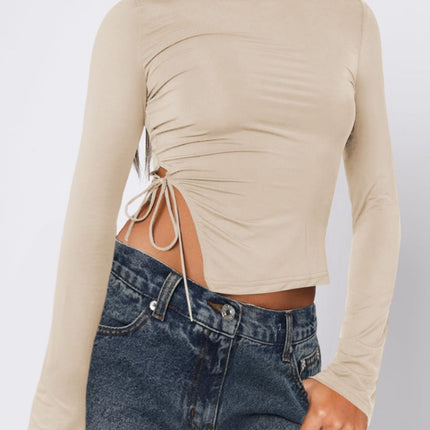 Tied Slit Round Neck Long Sleeve T-Shirt