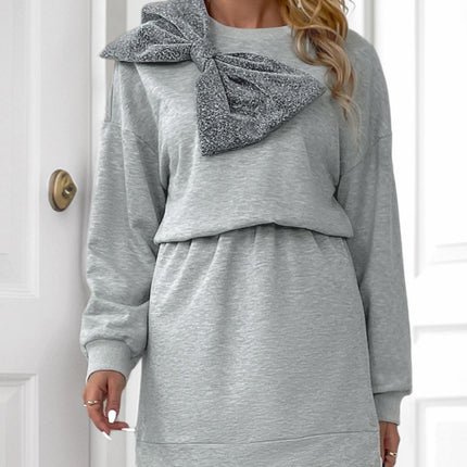 Perfee Bow Dropped Shoulder Long Sleeve Mini Dress